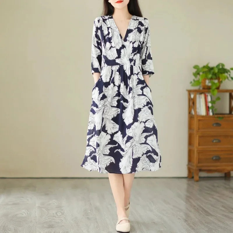 Robe mi-longue amincissante pour femmes, grande taille, imprimé Vintage, ceinture, taille ample, nouveau Style, longueur aux genoux, col en v, Fiber de Polyester, été