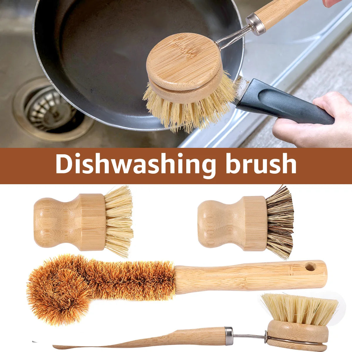 Brosses à vaisselle en bambou remplaçables, épurateurs de nettoyage en bois de cuisine, outil de nettoyage ménager, 4/5 pièces