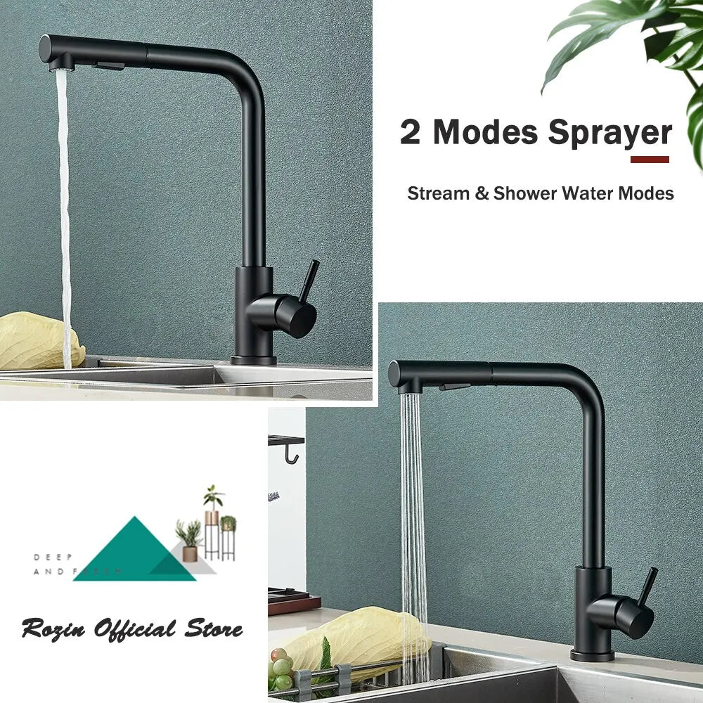 Évier de cuisine flexible à nervures noires, 2 modes, flux et buse de pulvérisateur, acier inoxydable, eau chaude et froide, pont de robinet de centre commercial