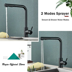 Évier de cuisine flexible à nervures noires, 2 modes, flux et buse de pulvérisateur, acier inoxydable, eau chaude et froide, pont de robinet de centre commercial