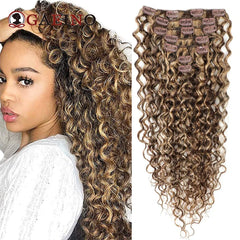 Clip de vague d'eau dans les Extensions de cheveux vrais cheveux humains 7 pièces/ensemble châtain et blond bronzé met en évidence pince bouclée sur les Extensions de cheveux