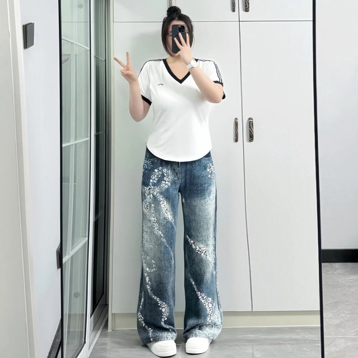 Jean de loisirs imprimé papillon pour fille américaine, grande taille, bleu, polyvalent, mode coréenne, pantalon Long à jambes larges, nouvelle collection été