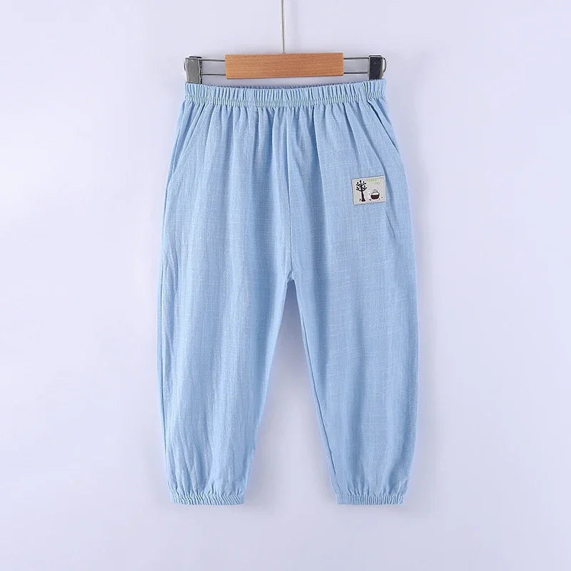 Pantalons pour enfants pour garçons et filles, en coton et lin, taille élastique, couleur unie, pantalons moustiques d'été, vêtements pour enfants, pantalons longs 100-160cm