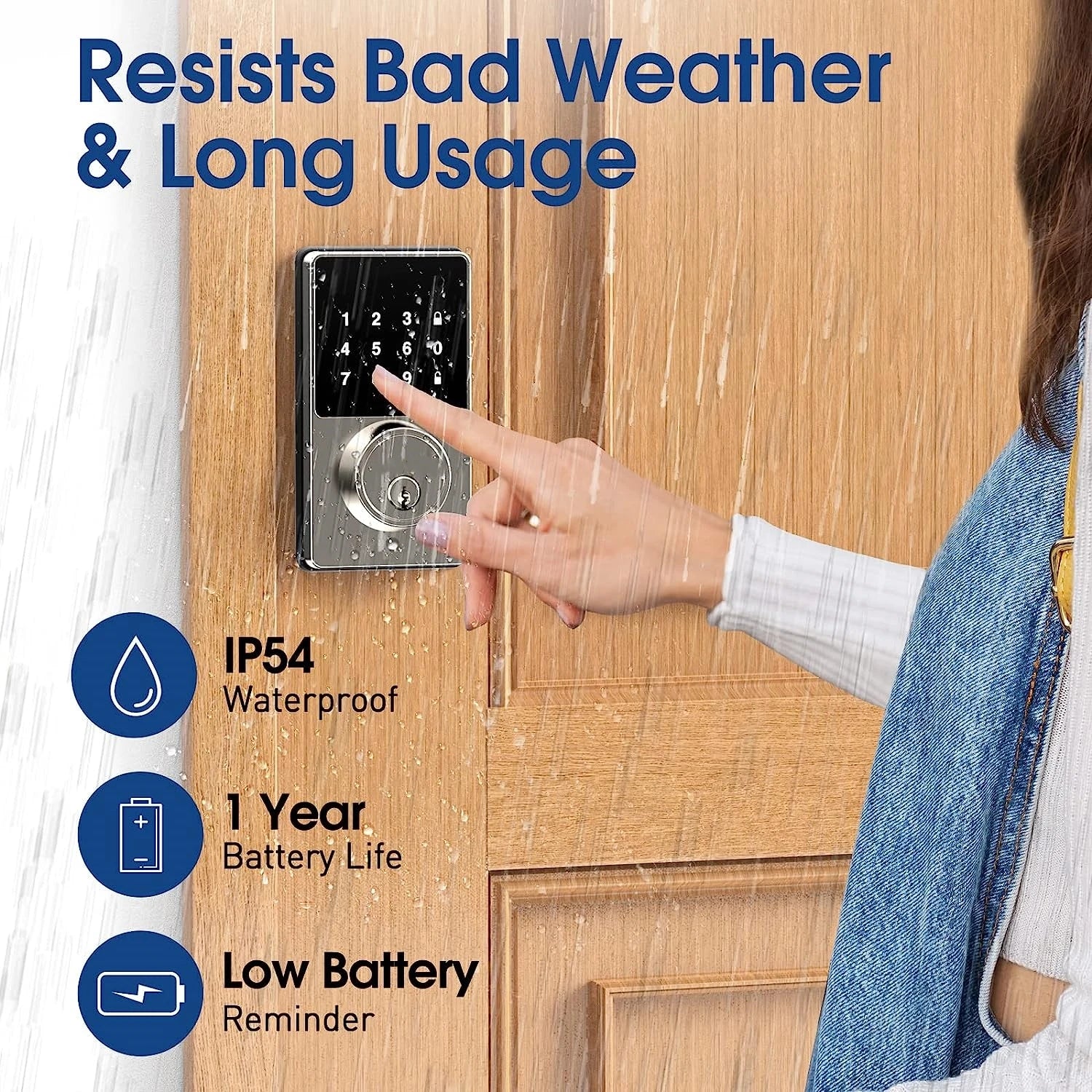 Serrure intelligente avec mot de passe, serrure de porte d'entrée sans clé avec claviers à écran tactile, facile à installer, déverrouillage par application, 50 codes utilisateur