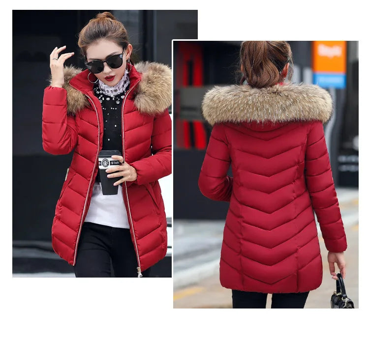 Veste d'hiver mi-longue en coton pour femme, manteau d'hiver rempli de grand col en fourrure, fibre de Polyester de Style britannique Non amovible