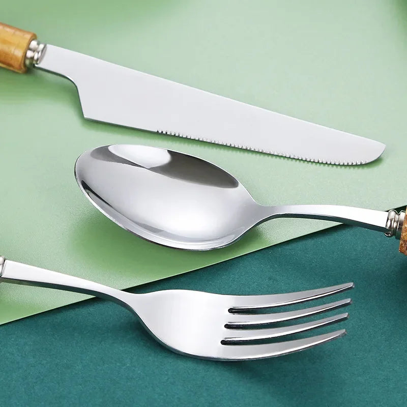 Ensemble de Vaisselle en Bambou et Acier Inoxydable avec Poignée Naturelle, Couverts Rétro, Steak, Opaque, Fourchette, Cuillère, Cadeau de Dessert, 20/30 Pièces