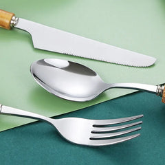 Ensemble de Vaisselle en Bambou et Acier Inoxydable avec Poignée Naturelle, Couverts Rétro, Steak, Opaque, Fourchette, Cuillère, Cadeau de Dessert, 20/30 Pièces