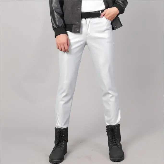 Pantalon en cuir PU pour hommes, Slim, à la mode, rouge, bleu, noir, gris, blanc, nouvelle collection 2024