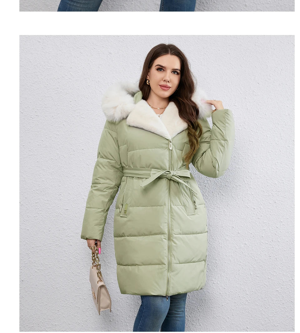 HaiLuoZi-Doudoune Longue en Coton pour Femme avec Ceinture en Fourrure, Manteau à Revers, Fermeture Éclair Indépendante, Vêtements d'Extérieur, Nouvelle Collection Hiver 2023, 1171