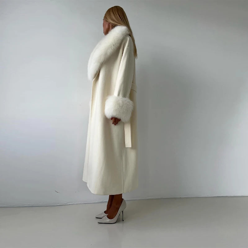 Manteau Long à lacets pour femme, manteau de bureau élégant en laine, fourrure, Patchwork, manches longues, vestes Cardigan amples, nouvelle collection 2025