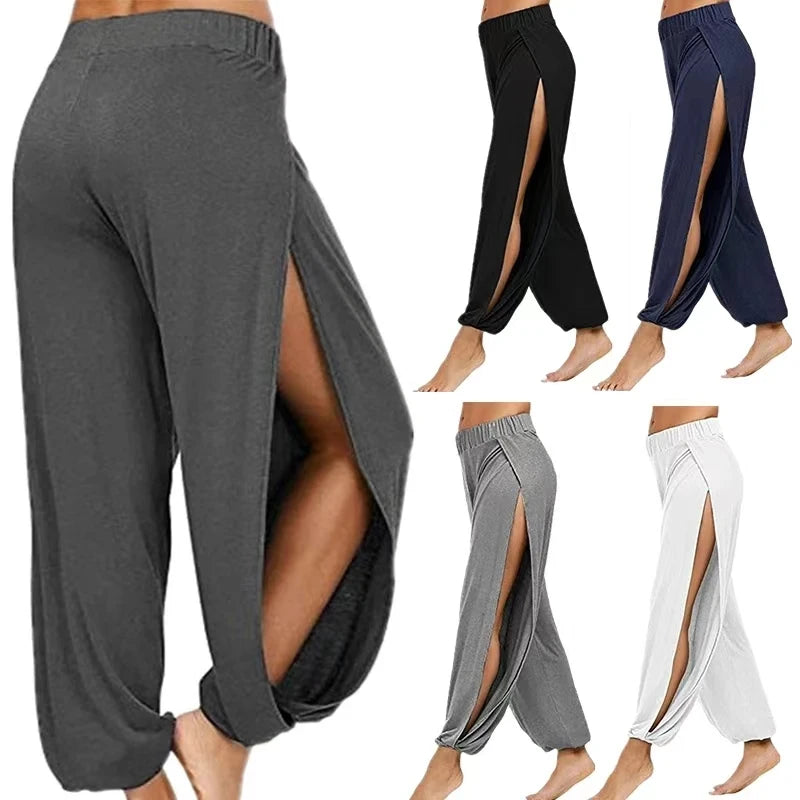 Femmes mode pantalons de Yoga taille haute fente jambe large Haren pantalon Leggings de gymnastique décontracté solide creux pantalon d'entraînement salle de sport vêtements de maison