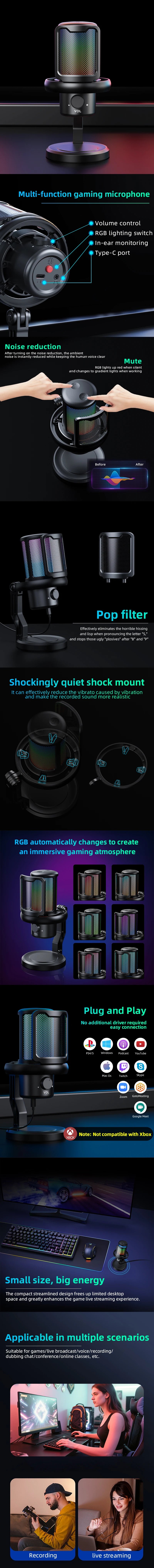 Microphone USB pour PC, Microphone de jeu RGB avec sortie casque et bouton tactile muet, suppression du bruit pour l'enregistrement de Streami