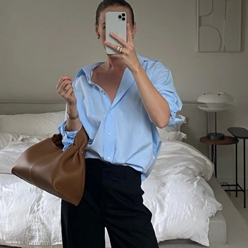 HXAO 2025 femme Blouses longues chemises à rayures femmes printemps été à manches longues bleu blanc chemise femme grands hauts chemises boutonnées