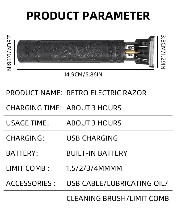 Rasoir de coupe de cheveux pour hommes tondeuse Rechargeable rasoir adulte électrique Vintage tondeuserazor maison USB charge salon de coiffure Dragon noir