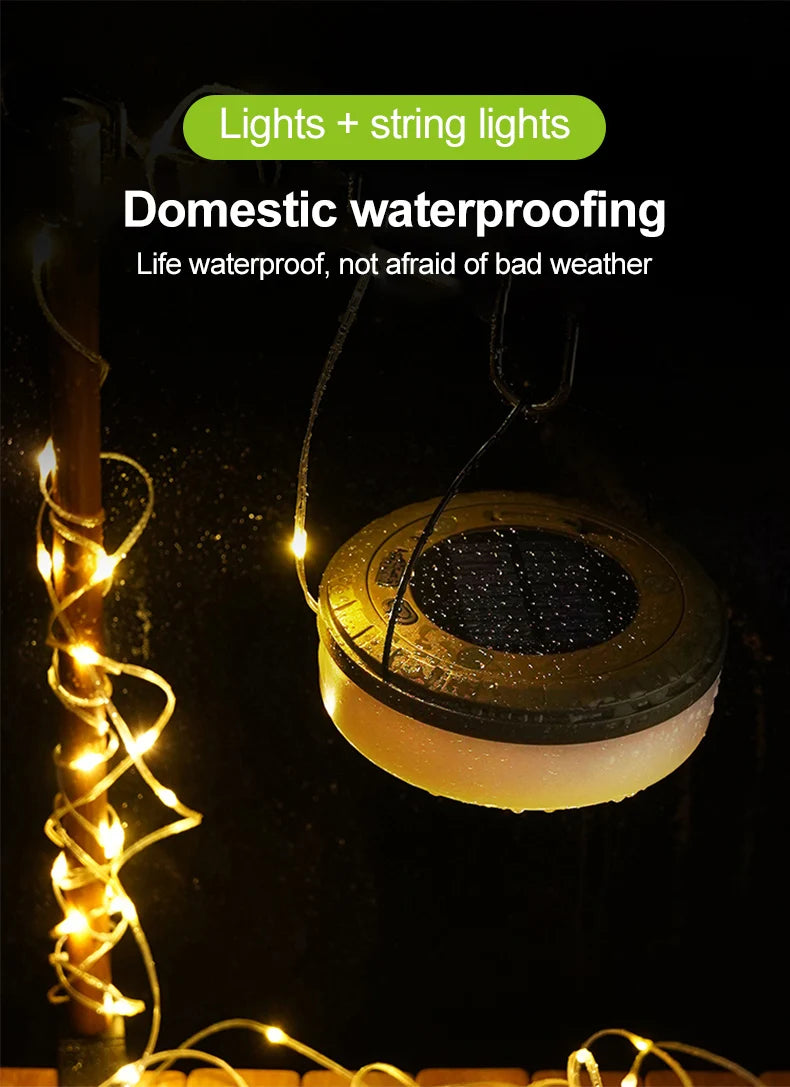 Guirxiété Solar Light for Outdoor Camping, LED Flashlight with Hook, Tent Light, RGB Lights, Stopovers, 10m