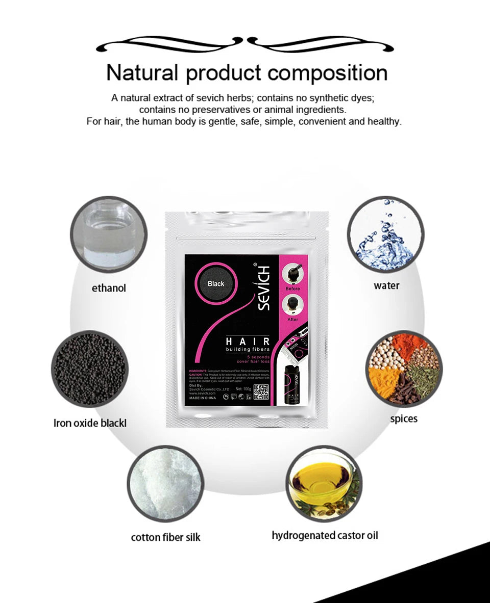 SEVICH fibre de cheveux 100g kératine fibre de cheveux poudre épaississante fibre de renforcement des cheveux Spray poudre de repousse instantanée perte de cheveux dissimuler