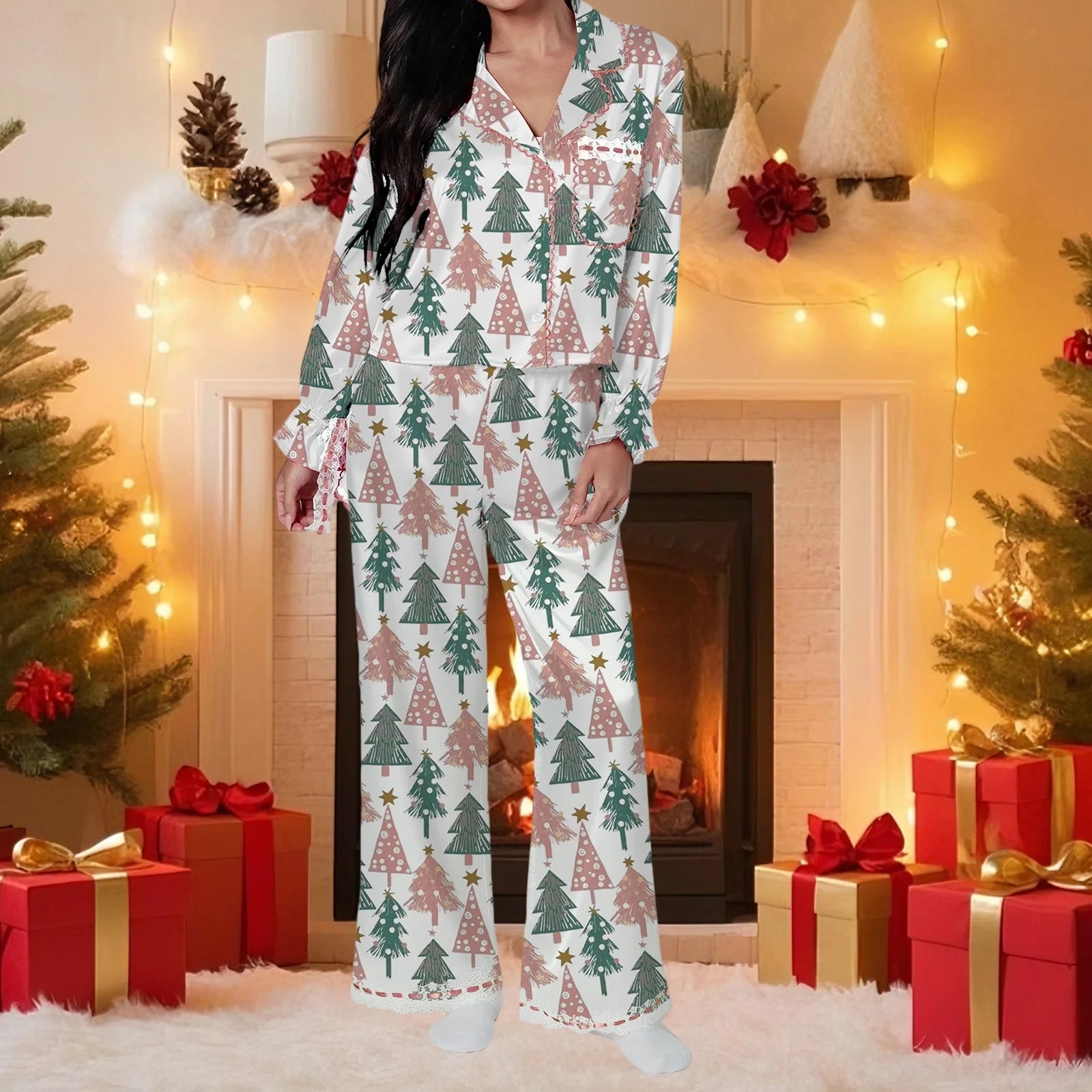 Ensemble pyjama de noël 2 pièces pour femmes, imprimé père noël/arc, dentelle en Satin, à nouer, manches longues, chemises à boutons, pantalons, vêtements de nuit