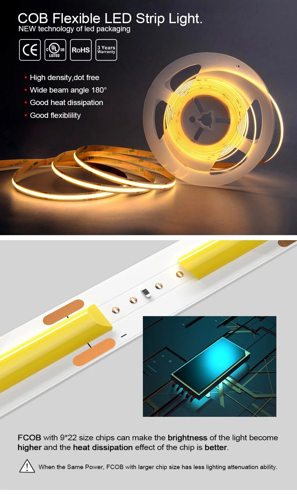 UL 320 Listed COB LED Strip Light, 480 LEDs/m, 16.4 feet of high-density flexible tape, 3000-6500K, RA90, Dimmable LED Lights, DC12V 24V