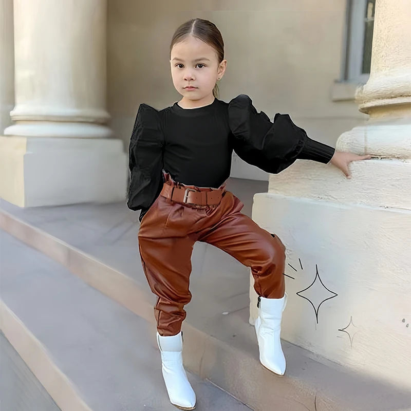 Ensemble de vêtements pour enfants filles, chemisier côtelé à manches longues bouffantes + pantalon en cuir PU avec ceinture, 2 pièces pour vêtements pour filles, taille 1 2 3 4 5 6