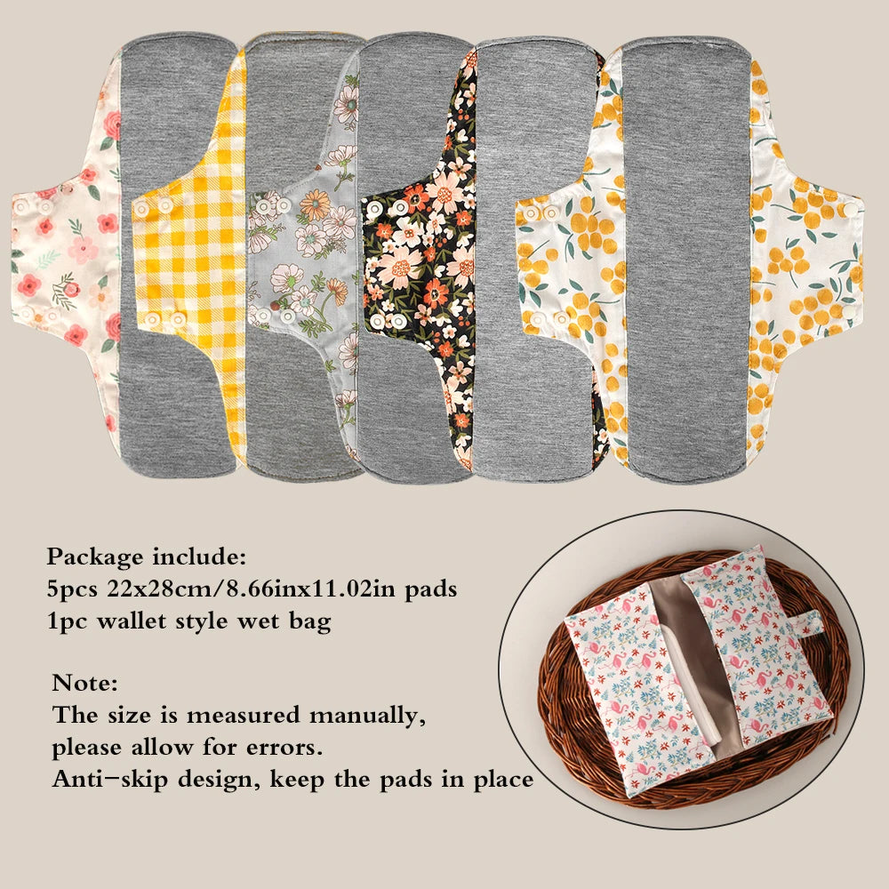 Serviettes hygiéniques antidérapantes, 5 pièces, doublure en graphène, tissu en coton, serviettes hygiéniques respirantes et lavables pour femmes, période avec sac humide