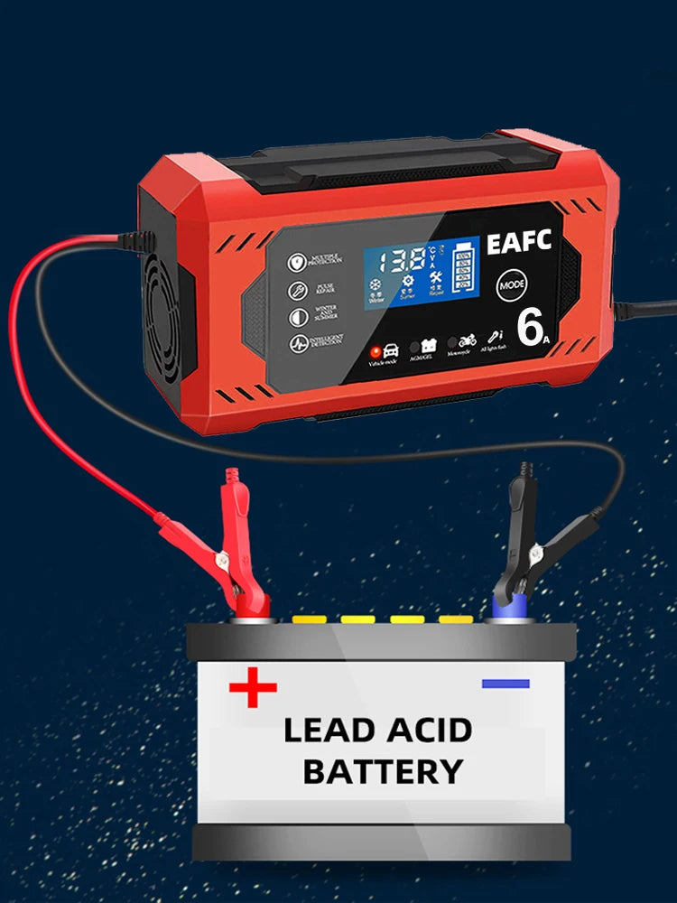 Chargeur de batterie de voiture, grand écran 6a 12V, dispositif de charge de batterie de voiture et de moto, batterie au plomb, réparation intelligente, écran LCD