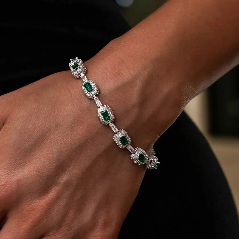 ESEllEM-Bracelet en Émeraude Glacée pour Femme, Bijoux à la Mode, Diamants, Coupe Coussin, Or Blanc, Incrusté Vert, Baguette Zcomprend