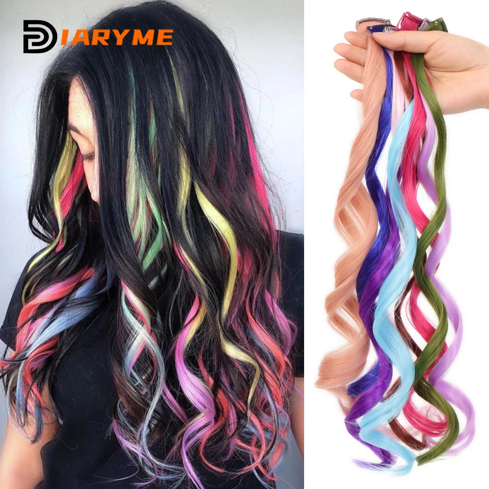 Colorful curly synthetic hair extensions for girls, long clip-in hairpiece, multicolored party strands, wig piece, for women and children