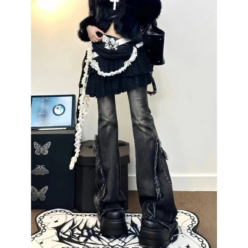 Women's Ruffled Denim Jeans, Retro American Style, Low Rise, High Elasticity, Slimming, Wide Leg, Mop Pants, Autumn