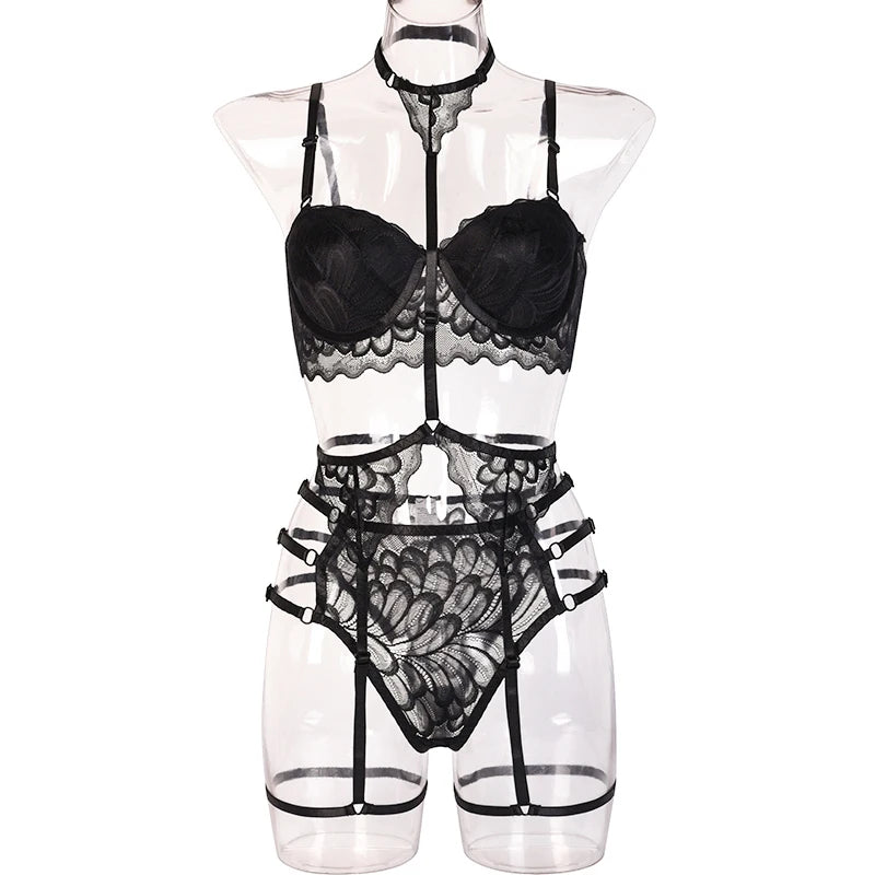Ensembles de Lingerie érotique pour femmes, jarretelles en dentelle, soutien-gorge et culotte transparents, Costumes Porno féminins, col licou en V profond, ensemble de sous-vêtements Sexy