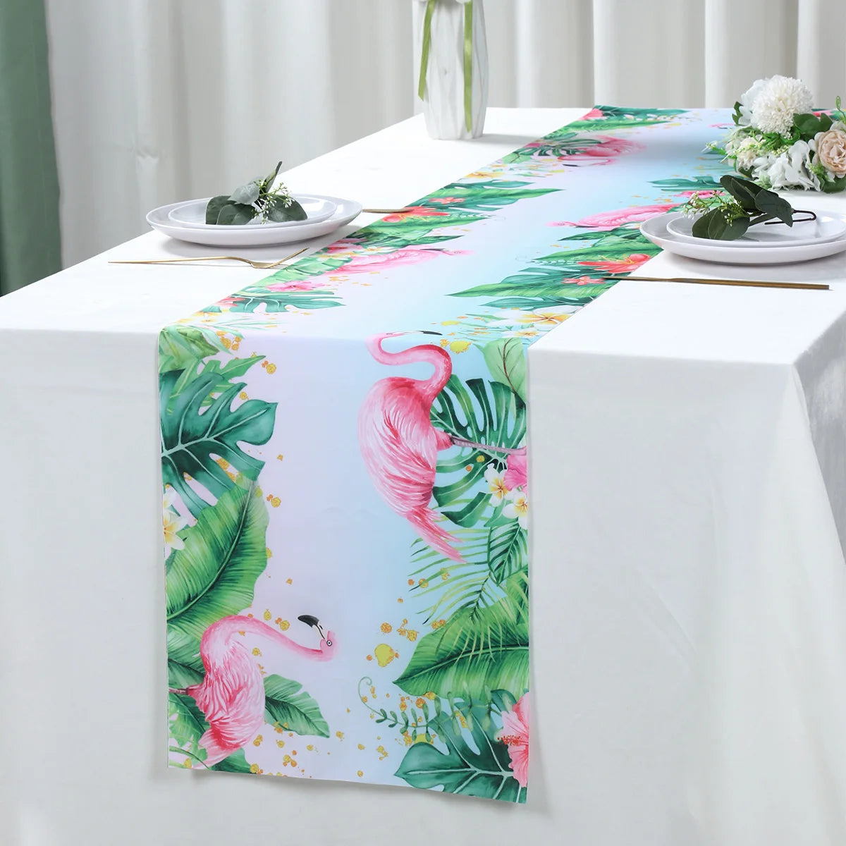 Summer Hawaiian Flower Table Runner, Flamingo Birthday Party Decor for Kids, Aloha Hawaii Tropical Party Supplies, Dining Table Decor