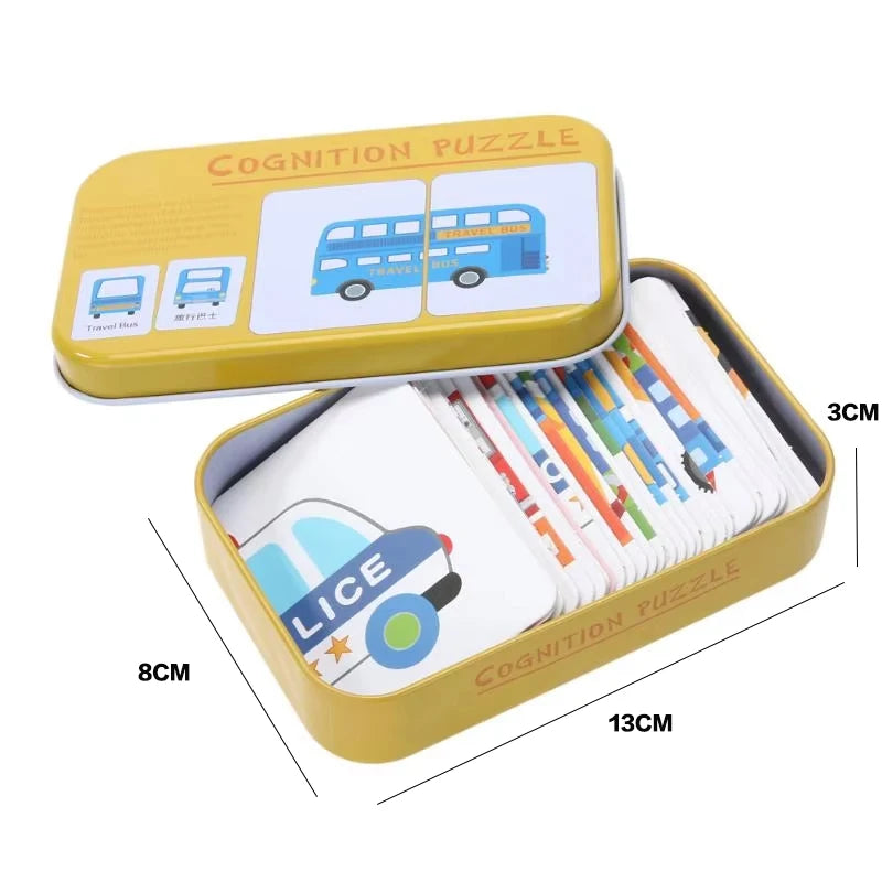 Bébé enfants Cognition Puzzles jouets enfant en bas âge boîte de fer cartes correspondant jeu cartes cognitives véhicule fruits animaux vie ensembles paire Puzzles