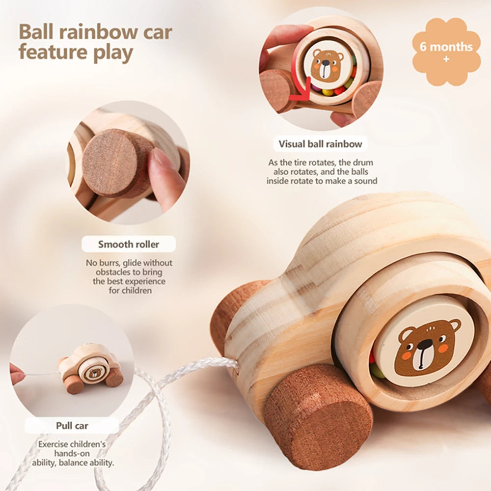 Jouets Montessori en bois pour bébé, 1 pièce, anneau de dentition de Bus de dessin animé, ours en bois de hêtre, voiture pour enfants, jouets éducatifs Montessori, cadeau
