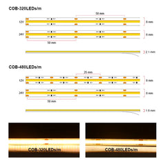 UL 320 Listed COB LED Strip Light, 480 LEDs/m, 16.4 feet of high-density flexible tape, 3000-6500K, RA90, Dimmable LED Lights, DC12V 24V