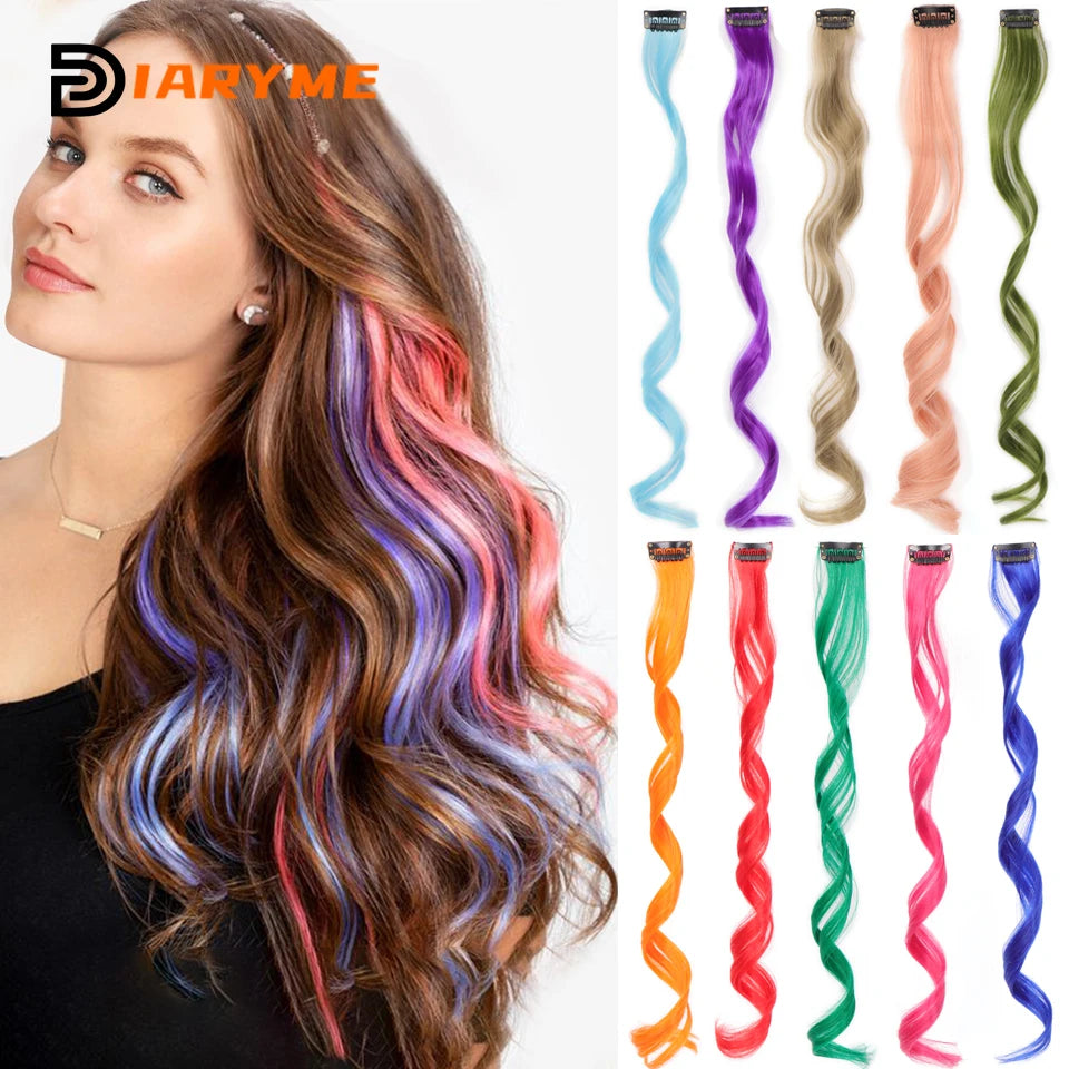 Colorful curly synthetic hair extensions for girls, long clip-in hairpiece, multicolored party strands, wig piece, for women and children