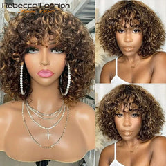 Perruques de cheveux humains Pixie Cut Bob avec frange pour femme, perruque pleine machine bouclée, surbrillance, couleur blond miel, court, caution
