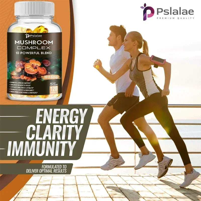 Capsules complexes de champignons - Cordyceps Reishi, immunité, stress, énergie, clarté mentale et soutien de la concentration - Supplément cérébral