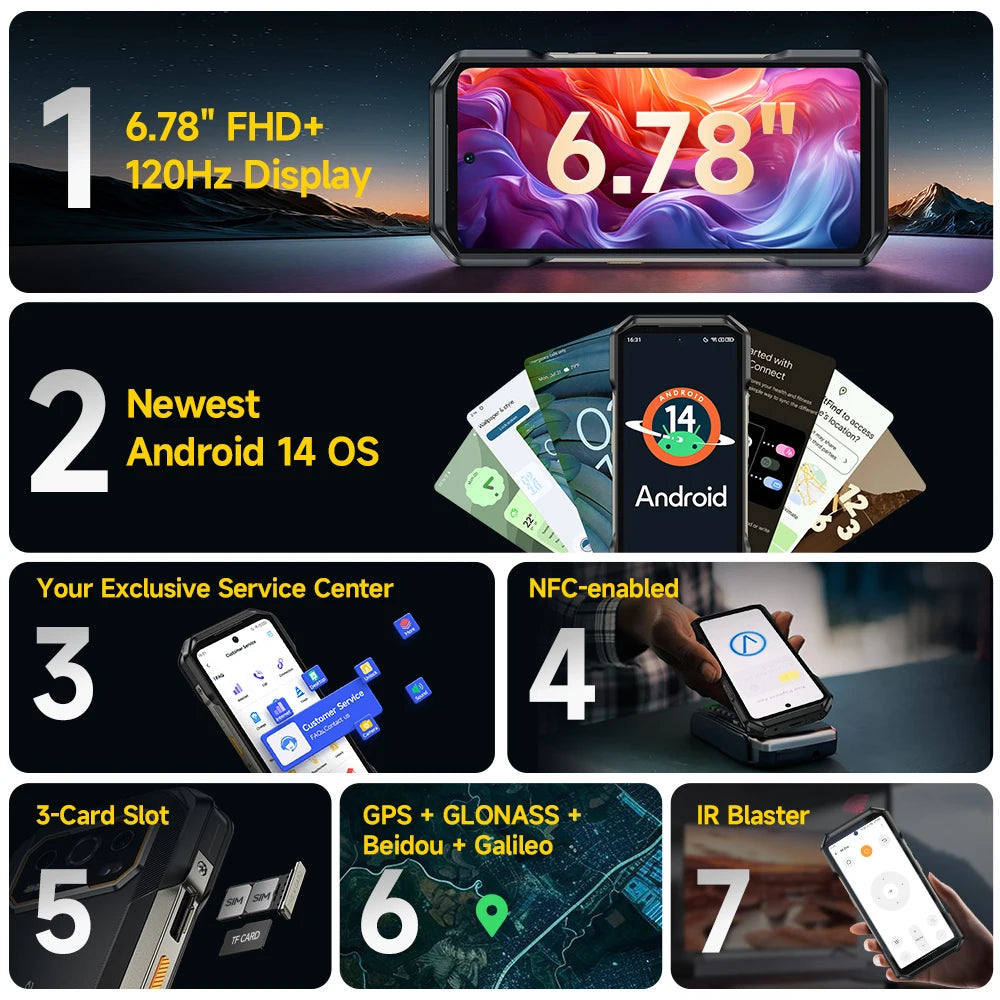 Ulefone Armor 27T Pro 5G téléphone robuste 10600mAh Smartphone Android 14 50MP + 64MP caméra de nuit 6.78 "jusqu'à 24GB RAM + 256GB ROM NFC