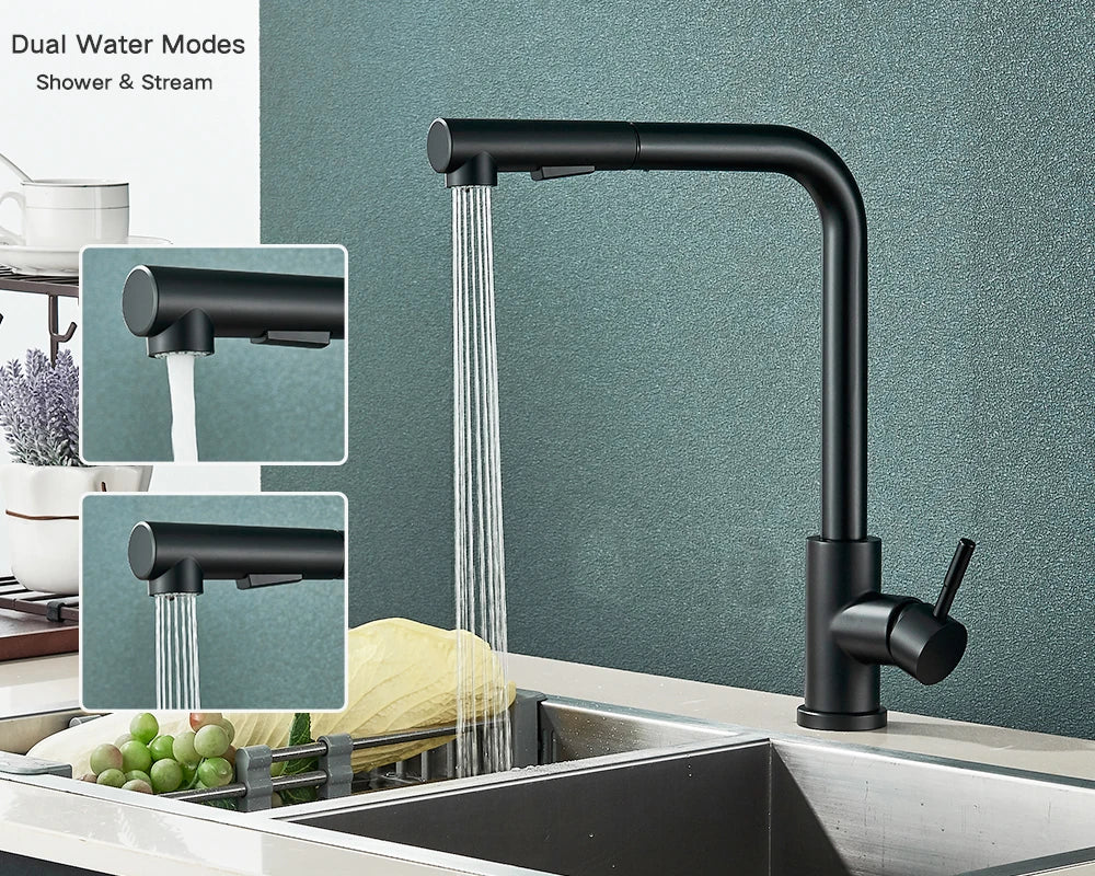 Évier de cuisine flexible à nervures noires, 2 modes, flux et buse de pulvérisateur, acier inoxydable, eau chaude et froide, pont de robinet de centre commercial