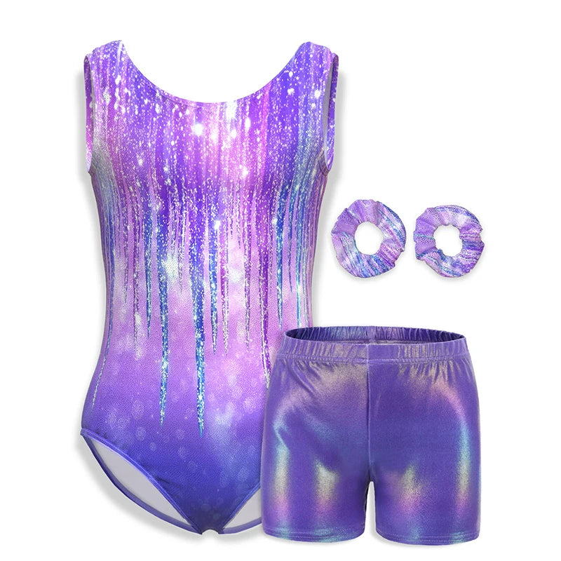 Justaucorps de gymnastique pour filles, vêtements de danse pour enfants avec short assorti, bandeau pour enfants