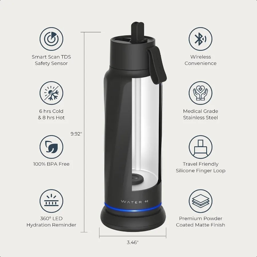Bouteille d'eau intelligente Vita avec rappel pour boire de l'eau, bouteilles d'eau isolées sous vide sans BPA avec paille filtrante, prise Bluetooth