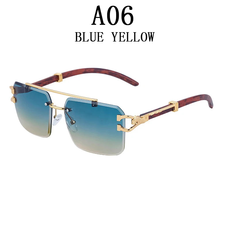 Frameless square wooden sunglasses for men and women, vintage, fashionable, luxury, retro, 2023