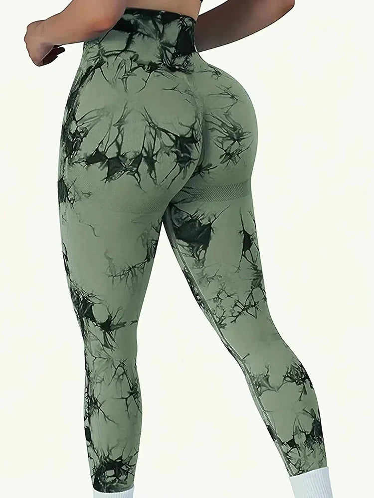 Collants femmes cravate colorant Leggings taille haute ascenseurs bout à bout contrôle du ventre Push Up sans couture pantalons de Yoga dames entraînement vêtements de sport