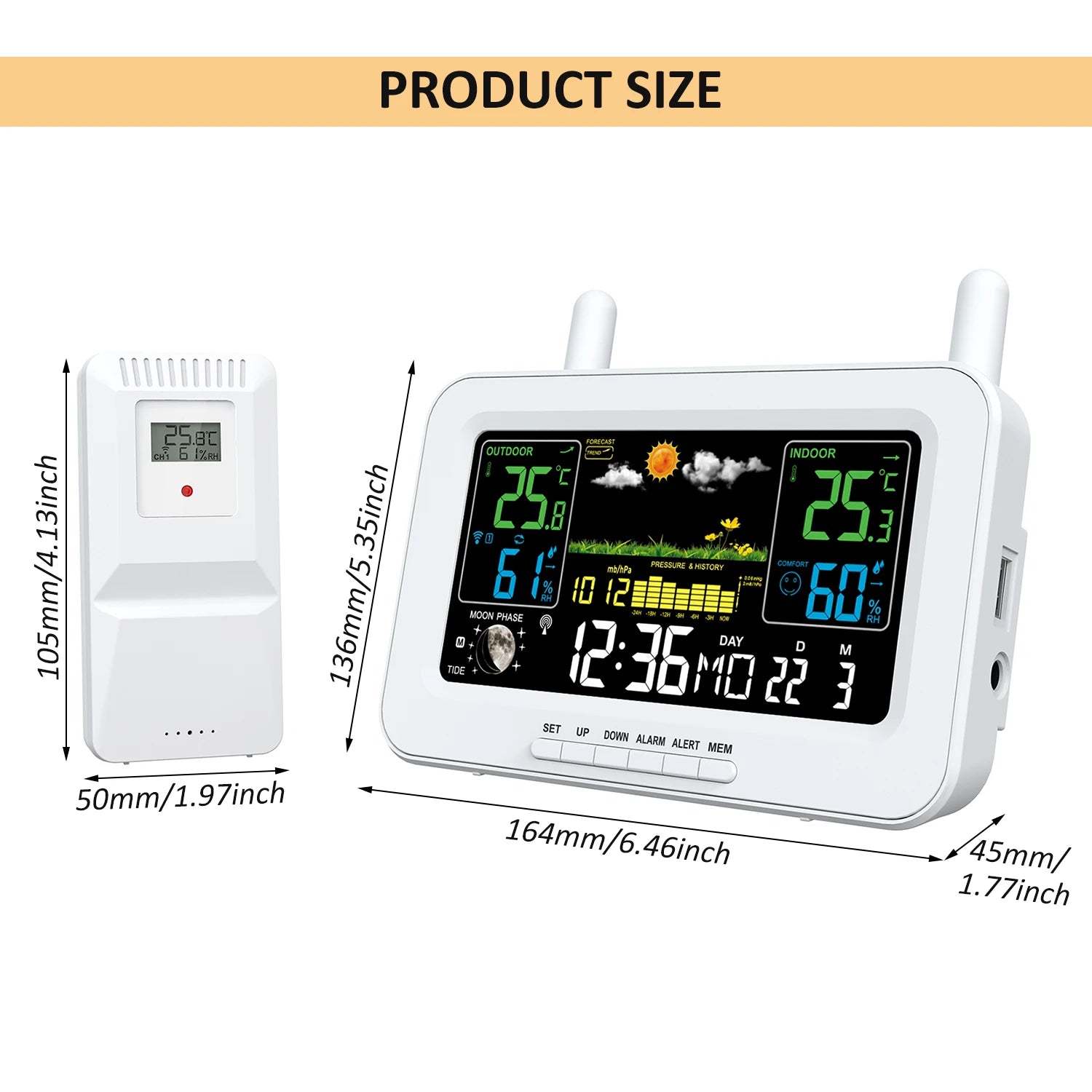 Station Météo Intelligente avec Sortie USB, Thermomètres et Hygromètres, Température, Humidité, Horloge, Pression Atmosphérique