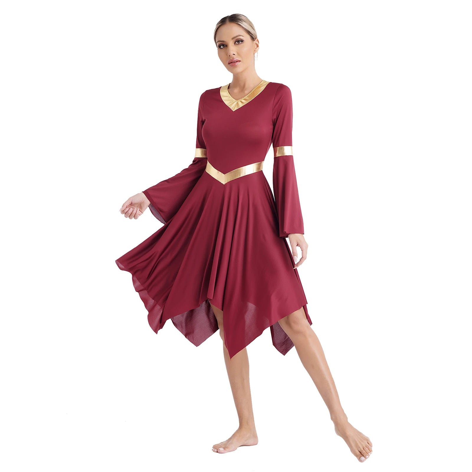 Robe de danse lyrique à manches longues pour femmes, robe à ourlet irrégulier, costume de spectacle liturgique, vêtements de danse modernes, culte de la chorale d'église