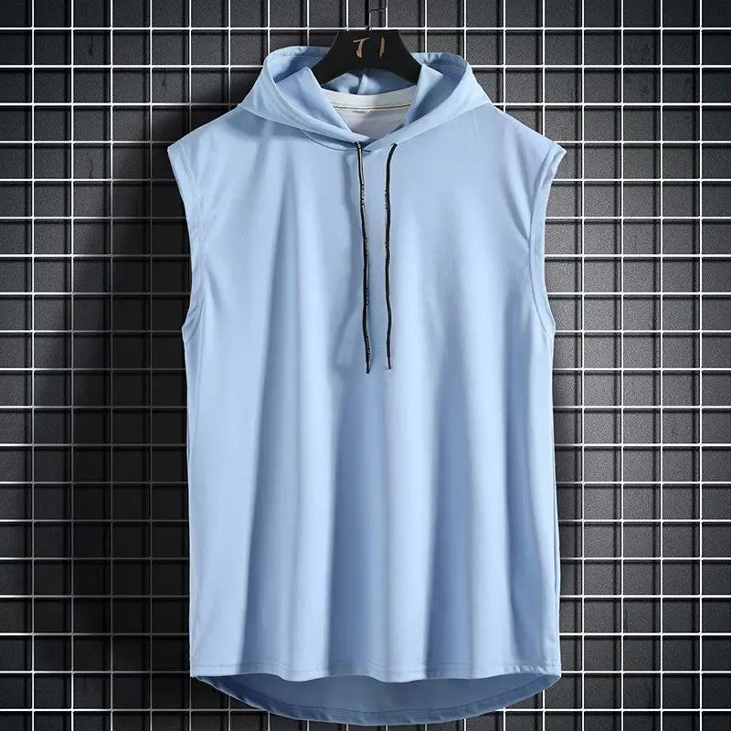 Hommes cravate col à capuche sans manches gilets mâle été ample solide Hip Hop t-shirt hauts
