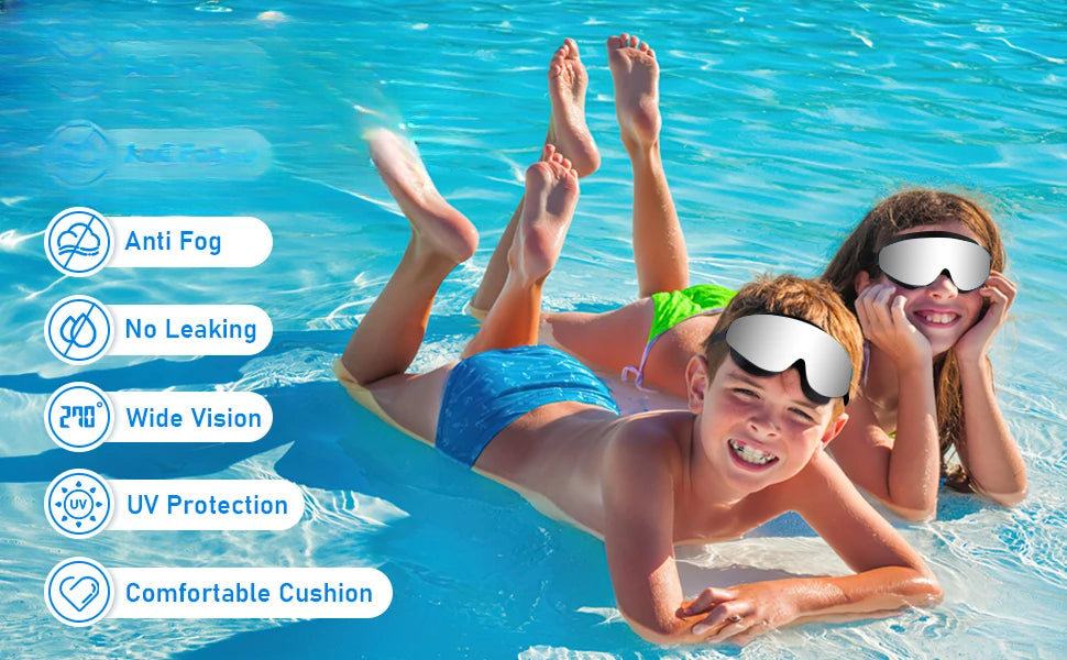 Lunettes de natation polarisées pour enfants de 4 à 16 ans, avec spray de brouillard, bouchon d'oreille à clip antarctique, vue large, anti-buée et anti-fuite