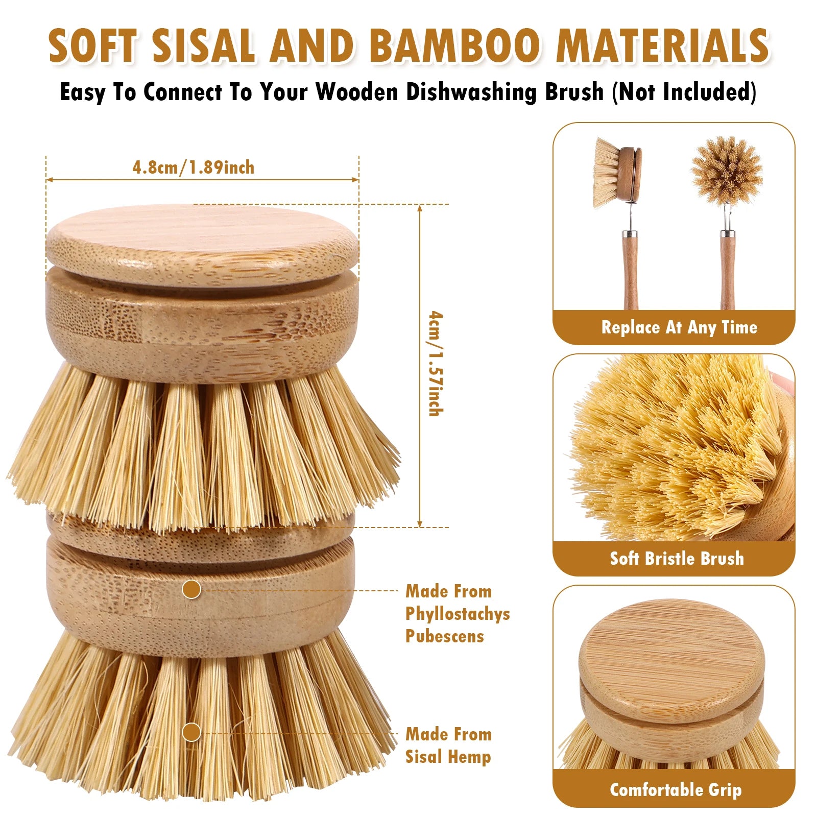 Brosse à vaisselle de cuisine en bambou naturel, outil de nettoyage de cuisine, tête de brosse respectueuse de l'environnement pour laver les casseroles et les cuisinières