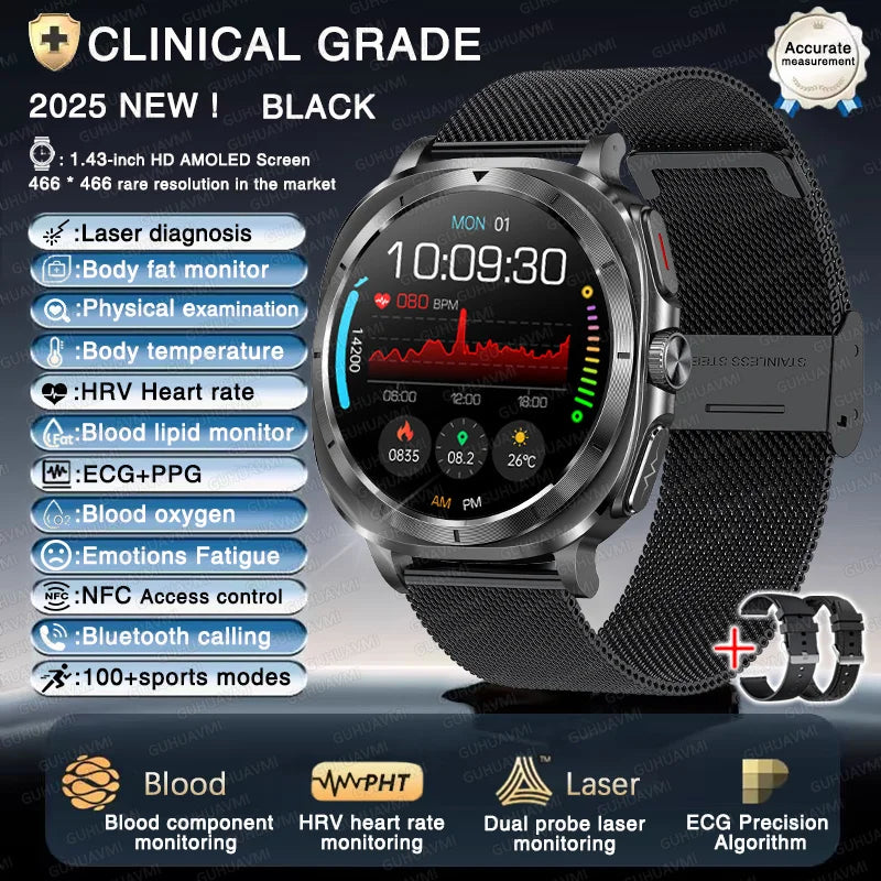 Montre connectée pour hommes, nouveau niveau Expert, santé, ECG + PPG, moniteur Laser, acide urique, graisse sanguine, pression artérielle, NFC, appel HD, 2025