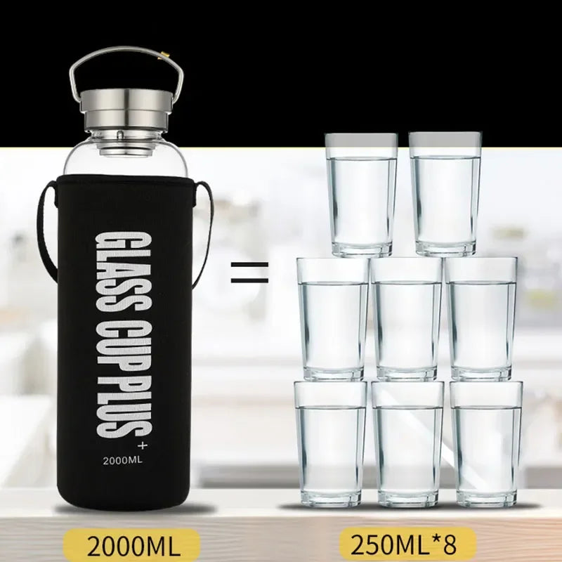 Bouteille d'eau en verre de 2L avec sangle, bouteilles d'eau de Sport, voyage en plein air, verres portables étanches, bouteille de thé en verre avec infuseur