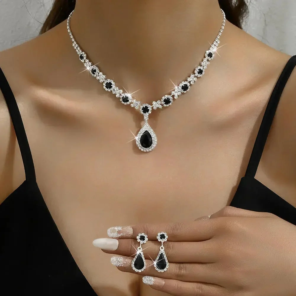 Ensemble de Bijoux Élégants en Forme de Goutte d'Eau pour Femme, Pendentif en Strass, Collier, Boucles d'Oreilles, pour Robe de Mariée, Patients, 2 Pièces/Ensemble